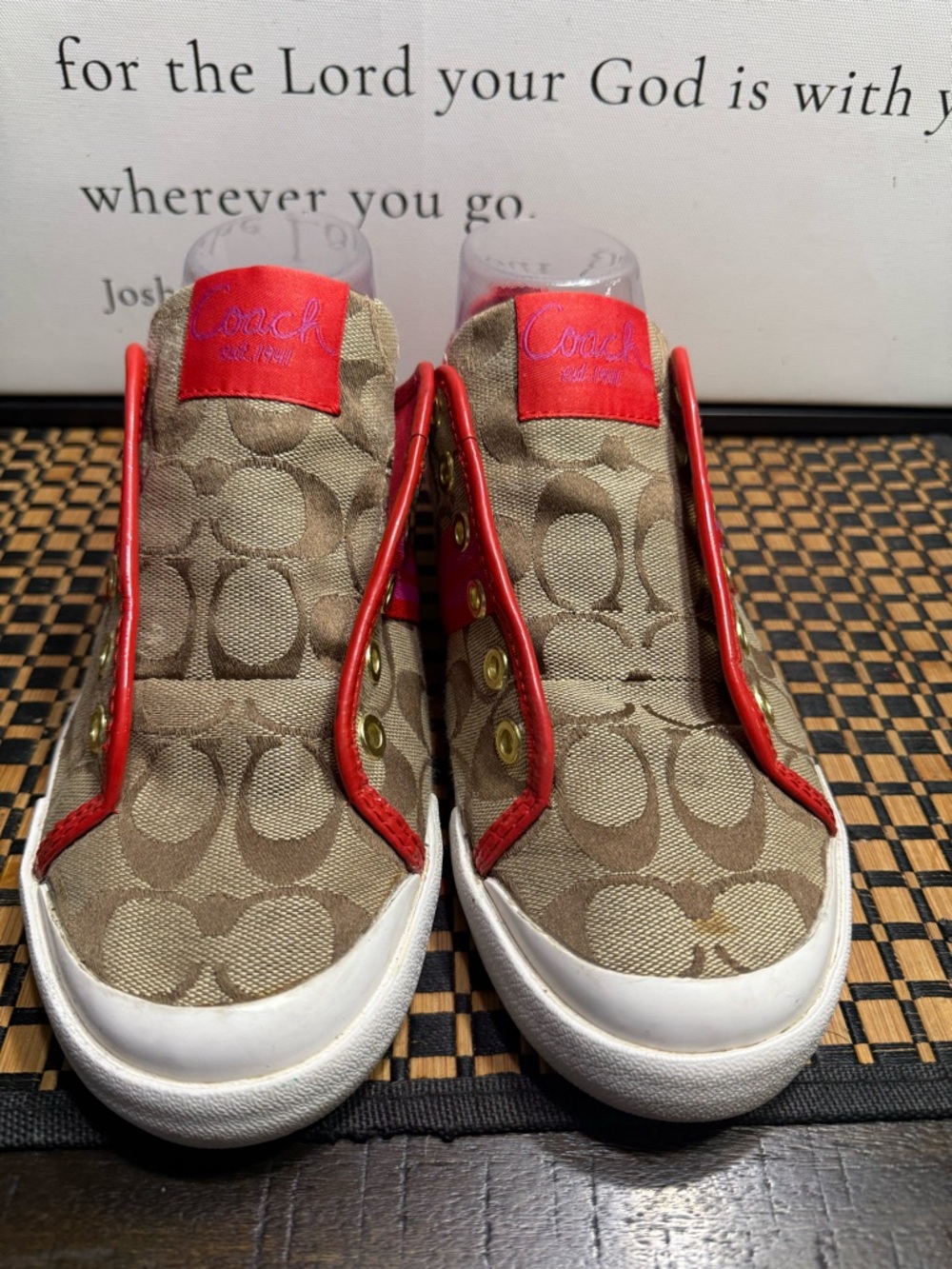 Coach Signature Monogram Sneakers in Khaki and Red Trim Women SZ 8- Box16 - Picture 1 of 6